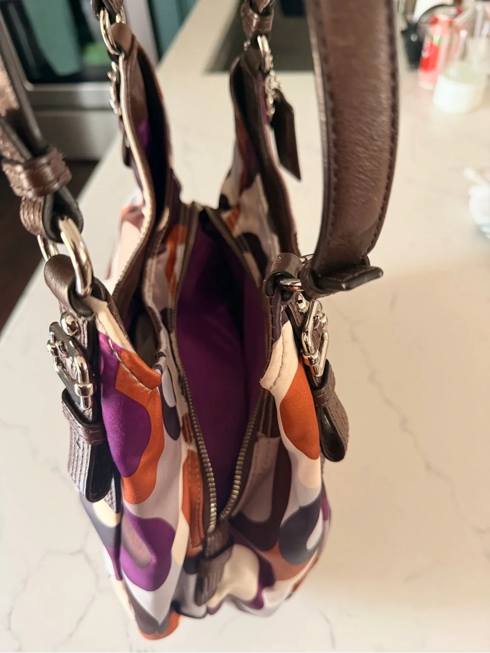 Coach Multicolor Circle-Print Shoulder Bag in Purple, Orange, Brown & Cream